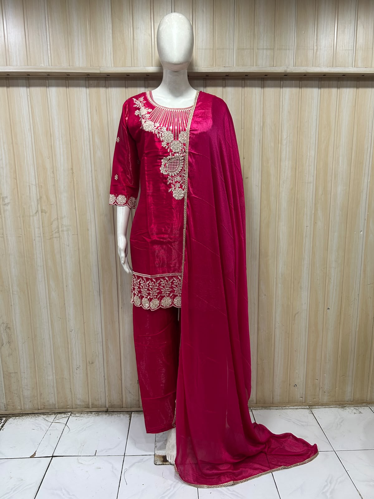 Fuchsia Pink ROMAN GLASS Embroidered 3-Piece Suit Set