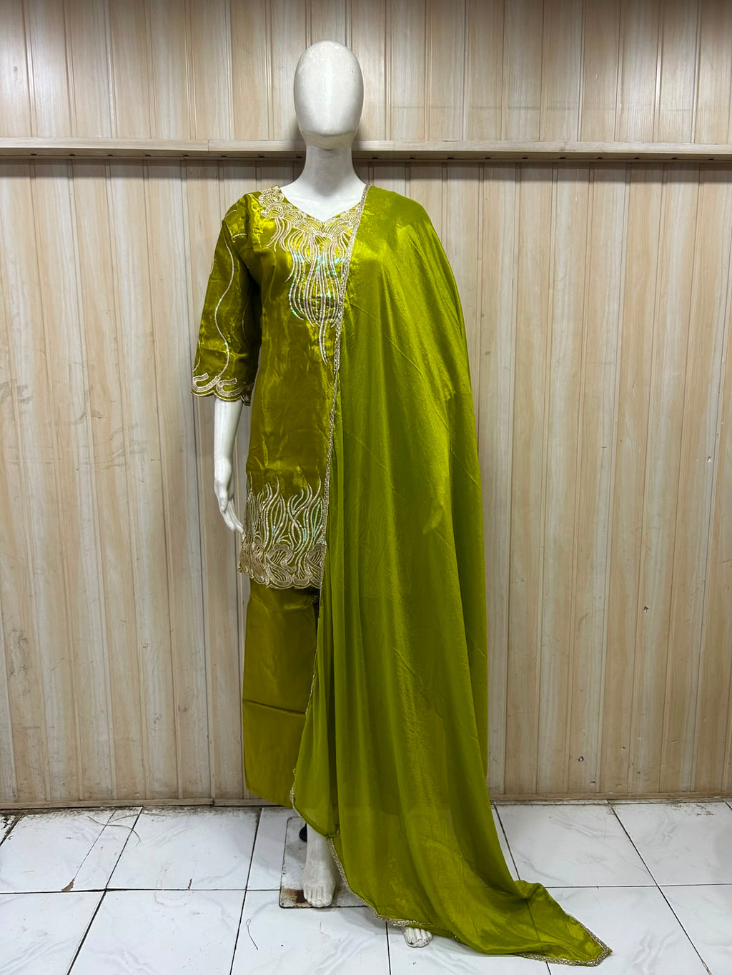 Olive Green ROMAN GLASS Embroidered 3-Piece Suit Set