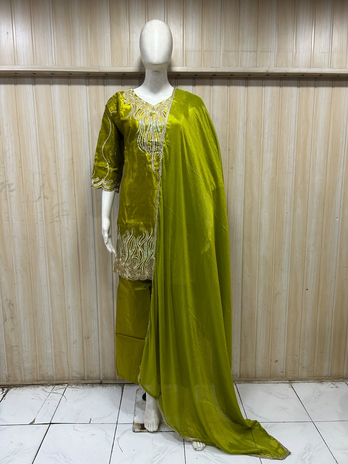 Olive Green ROMAN GLASS Embroidered 3-Piece Suit Set