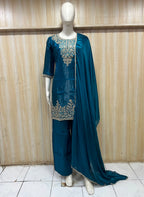 Teal Blue ROMAN GLASS Embroidered 3-Piece Suit Set