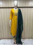 Mustard Yellow ANAARKALI DRESS in VICHITRA SILK with Contrast Green Dupatta