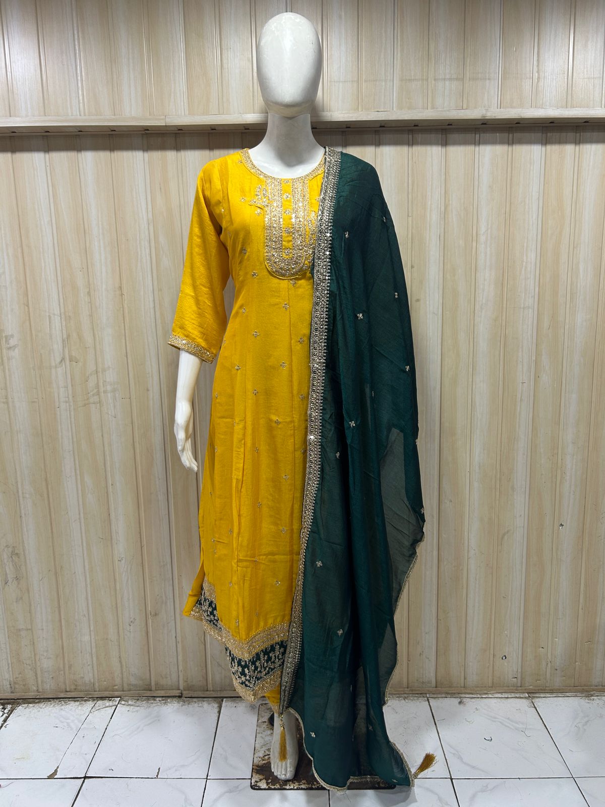 Mustard Yellow ANAARKALI DRESS in VICHITRA SILK with Contrast Green Dupatta
