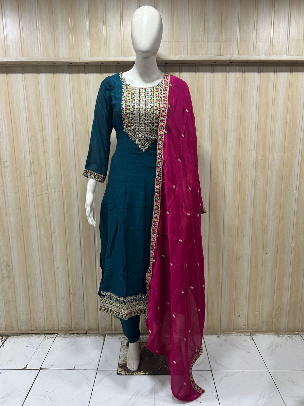 Deep Teal ANAARKALI DRESS in VICHITRA SILK with Contrast Dupatta