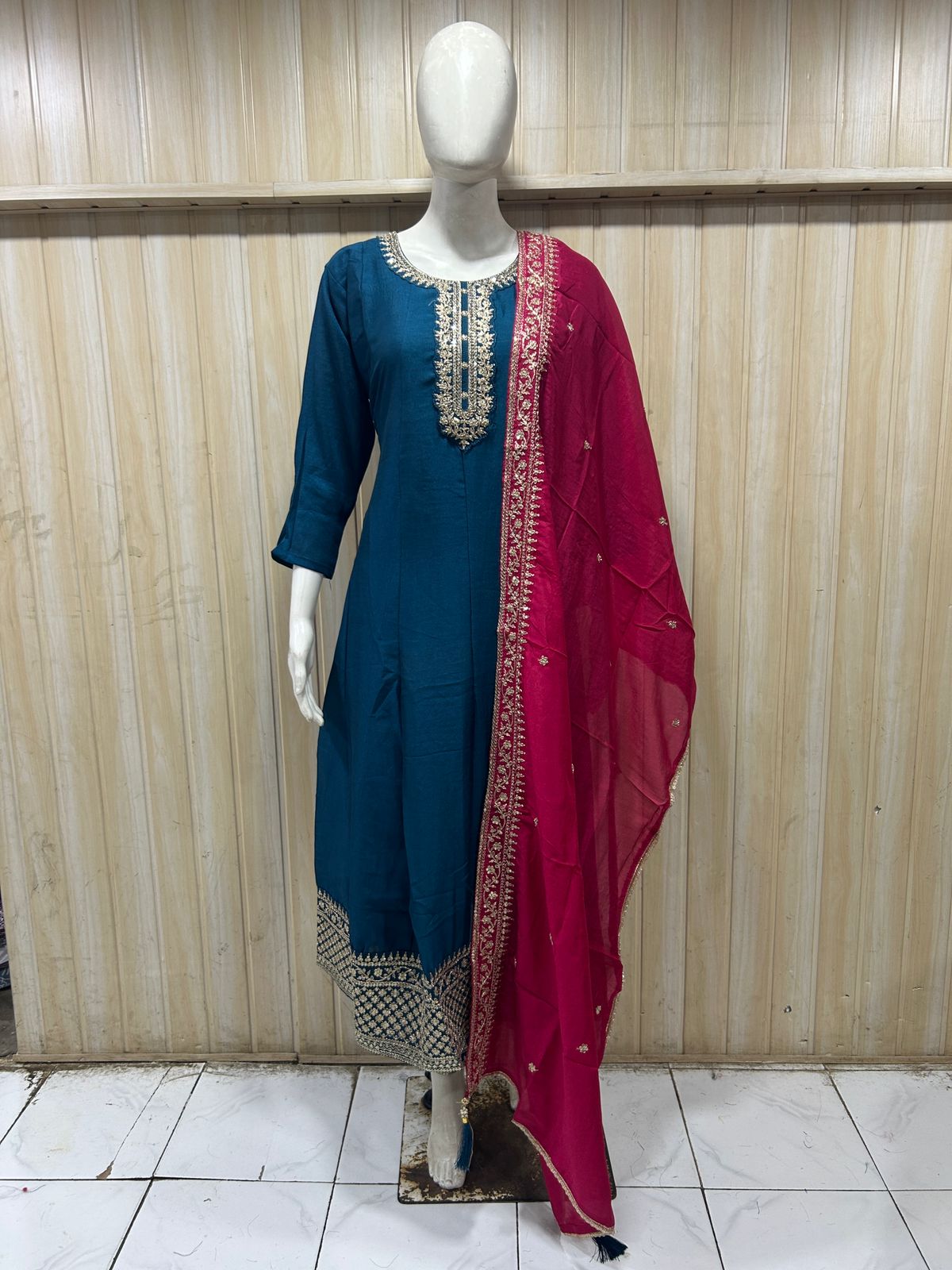 Teal Blue ANAARKALI DRESS in VICHITRA SILK with Contrast Magenta Dupatta