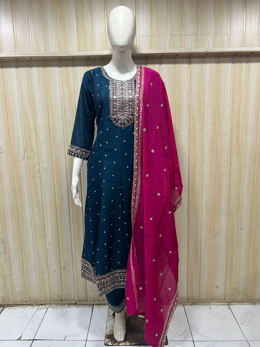 Teal Blue ANAARKALI DRESS with Magenta Dupatta | VICHITRA SILK 3-Piece Ethnic Set