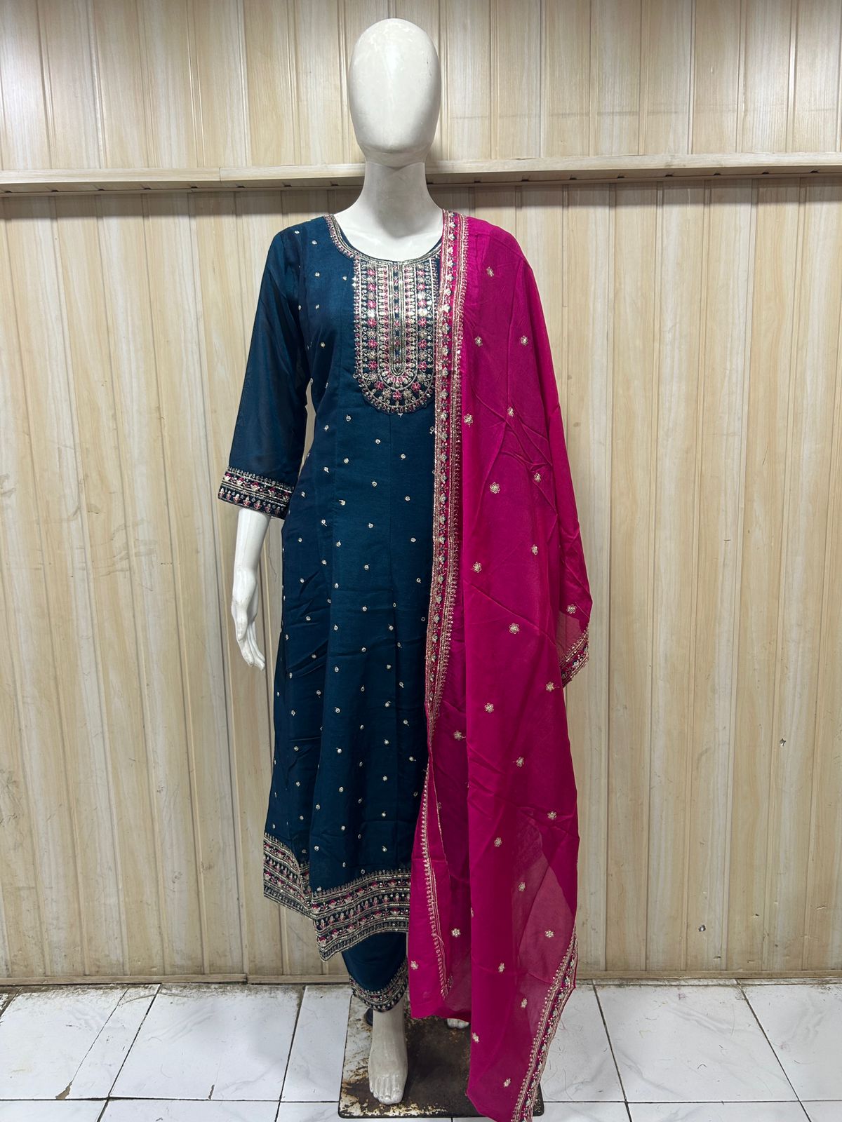 Teal Blue ANAARKALI DRESS with Magenta Dupatta | VICHITRA SILK 3-Piece Ethnic Set