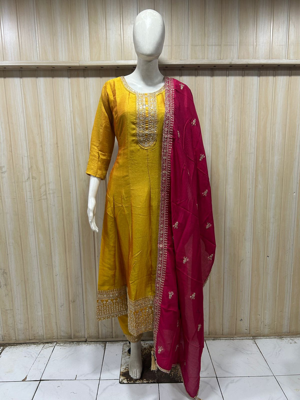 Mustard Yellow ANAARKALI DRESS with Magenta Contrast Dupatta