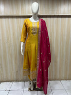 Mustard Yellow ANAARKALI DRESS with Magenta Contrast Dupatta