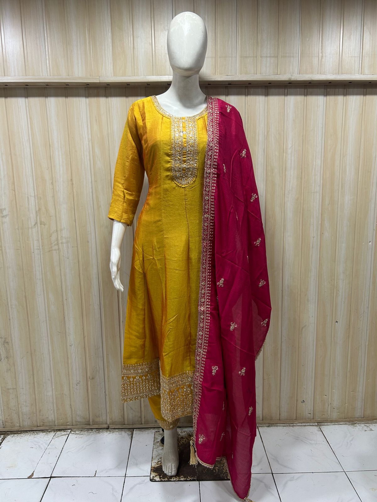 Mustard Yellow ANAARKALI DRESS with Magenta Contrast Dupatta