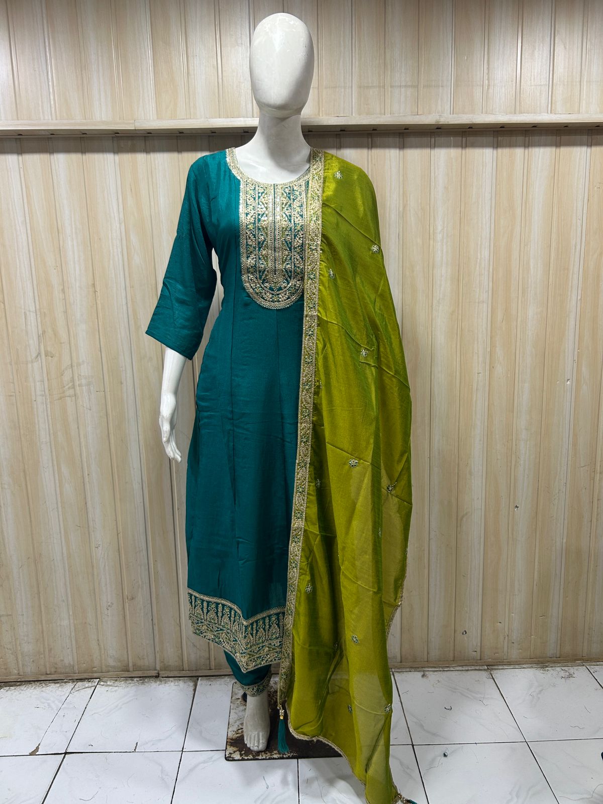 Teal ANAARKALI DRESS with Olive Green Dupatta – VICHITRA SILK 3-Piece Ethnic Set