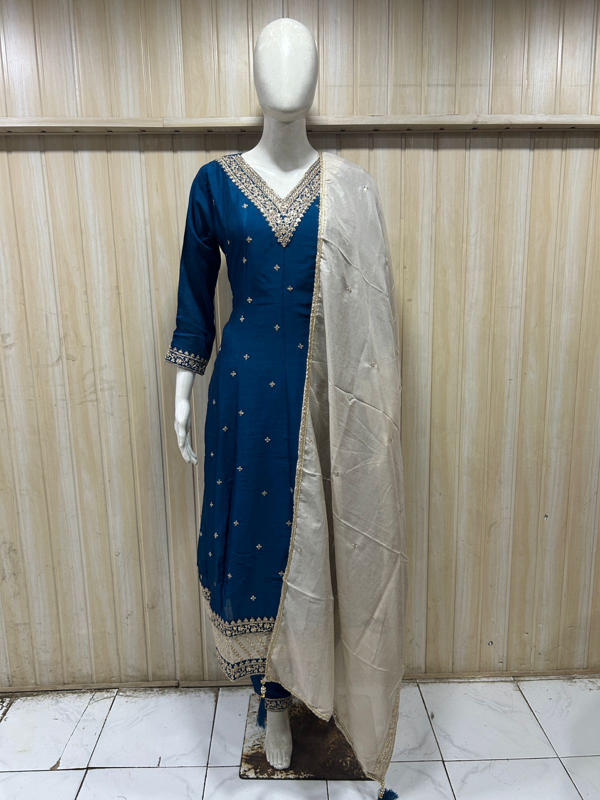 Deep Teal ANAARKALI DRESS in VICHITRA SILK with Ivory Dupatta