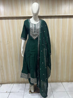 Deep Green Embroidered ANAARKALI DRESS in CRUSH SILK
