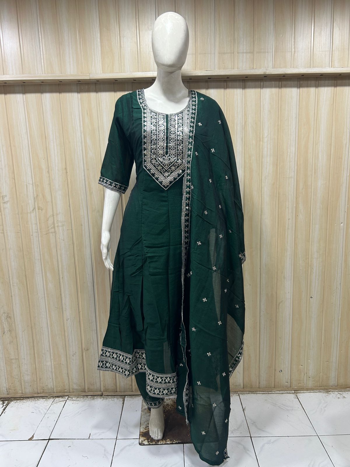 Deep Green Embroidered ANAARKALI DRESS in CRUSH SILK