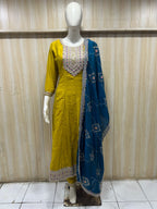 Mustard ANAARKALI DRESS with Teal Contrast Dupatta – VICHITRA SILK 3-Piece Set