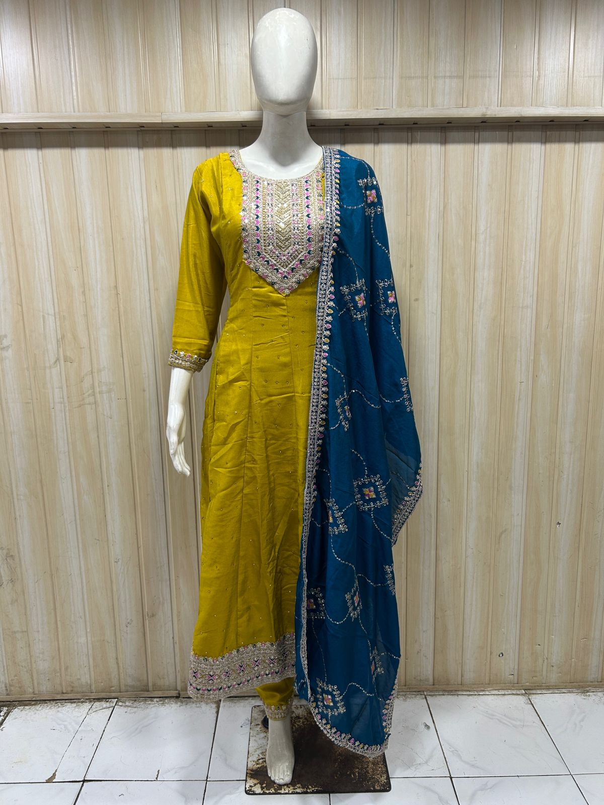 Mustard ANAARKALI DRESS with Teal Contrast Dupatta – VICHITRA SILK 3-Piece Set