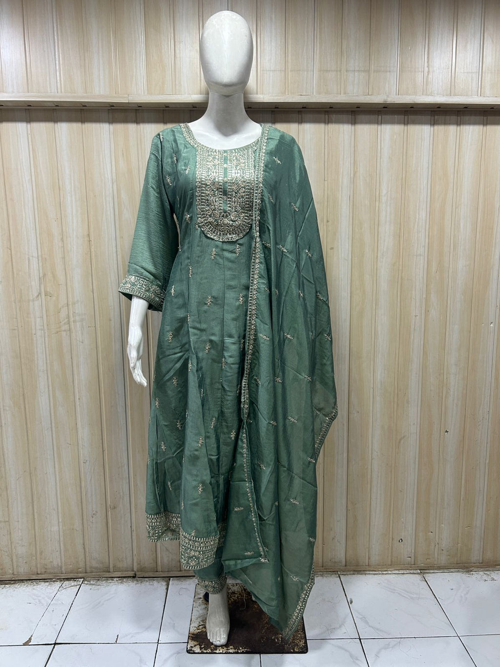 Sage Green ANAARKALI DRESS – Crush Silk 3-Piece Ethnic Set