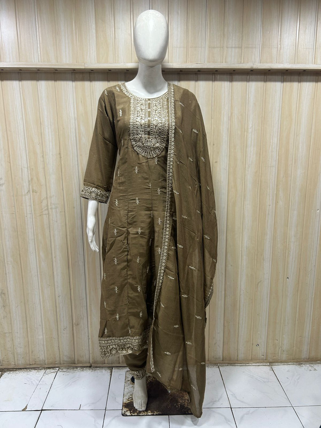 Olive Brown ANAARKALI DRESS – CRUSH SILK 3-Piece Ethnic Set