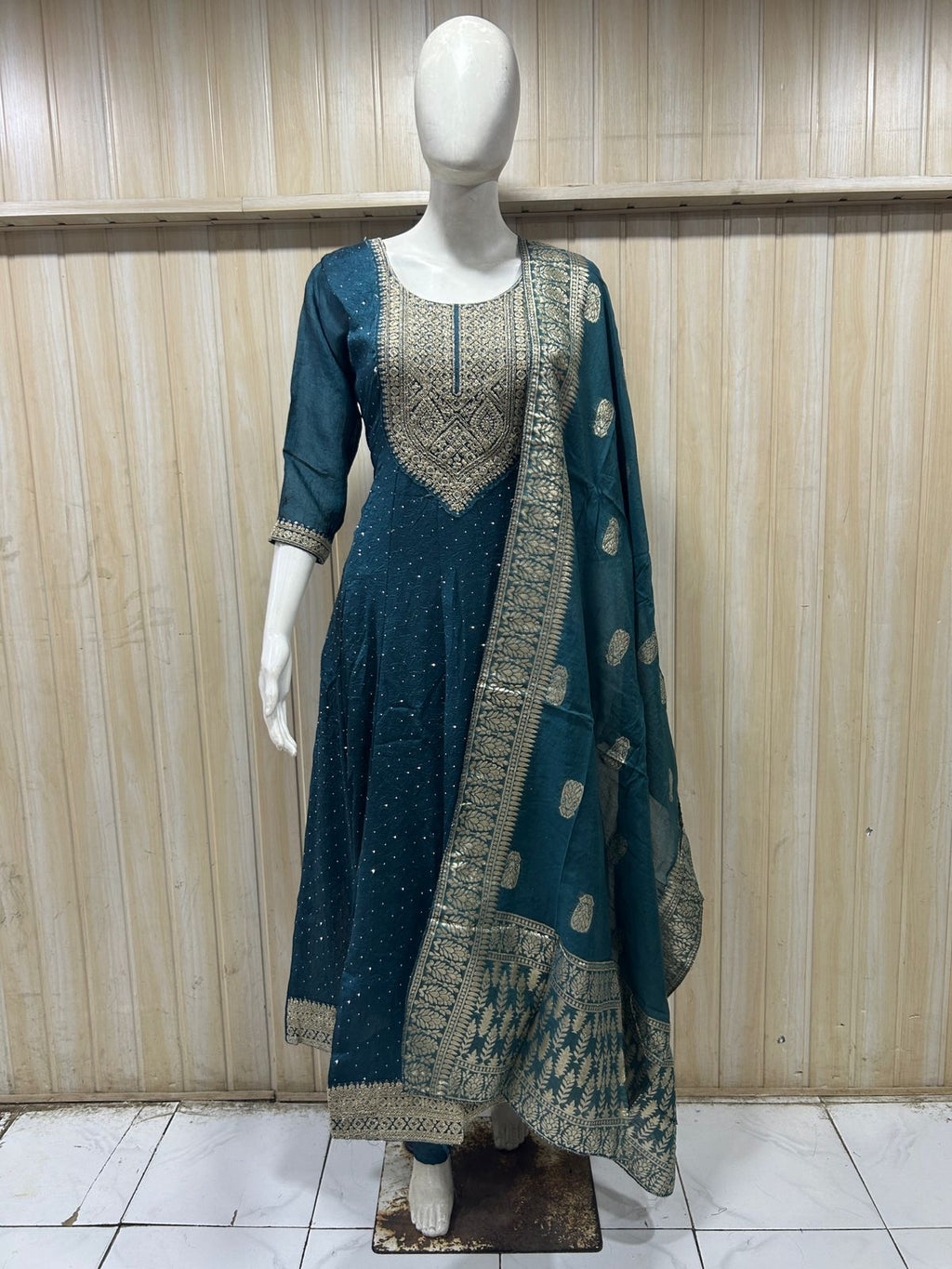 Deep Teal ANAARKALI DRESS – Crush Silk 3-Piece Ethnic Set