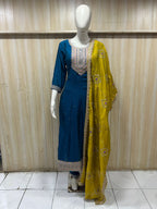 Teal Blue ANAARKALI DRESS with Mustard Dupatta | VICHITRA SILK 3-Piece Set