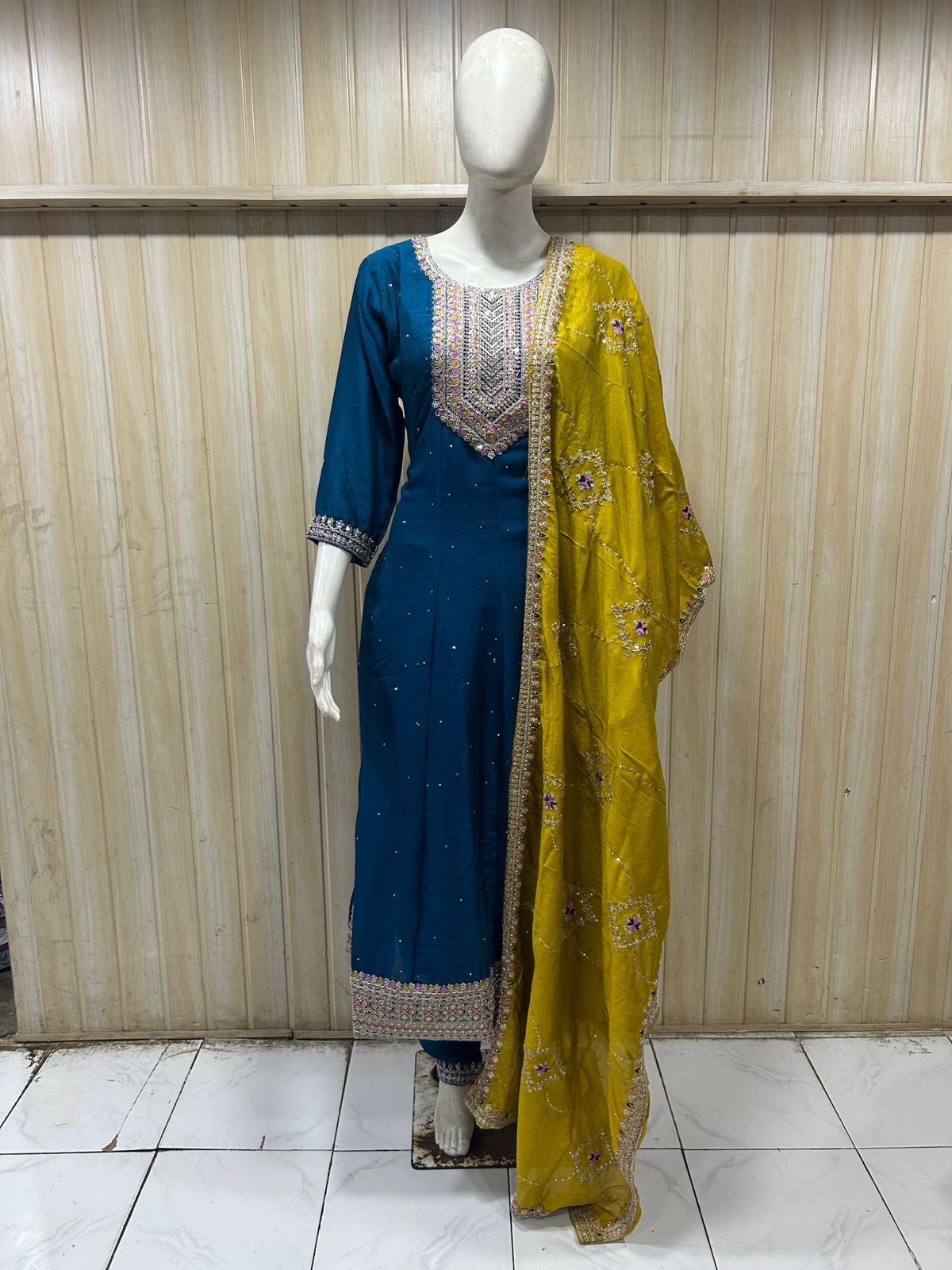 Teal Blue ANAARKALI DRESS with Mustard Dupatta | VICHITRA SILK 3-Piece Set