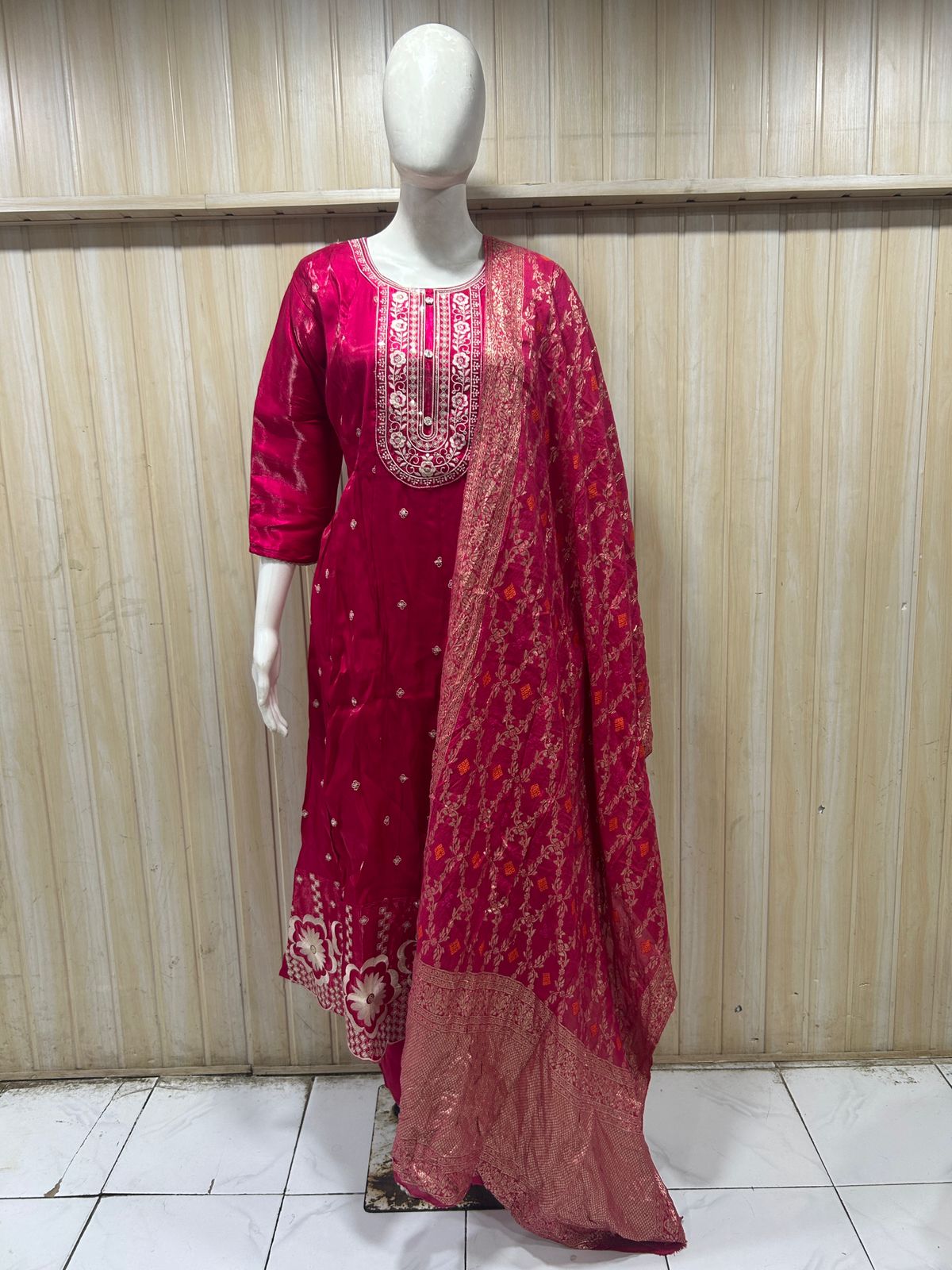 Deep Magenta ANAARKALI DRESS with Matching Pant & Contrast Dupatta
