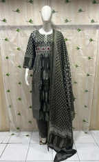 Charcoal Black Mull Cotton Round Kurti 3-Piece Set with Pant & Dupatta