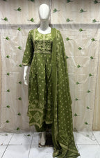 Olive Green Mull Cotton Round Kurti 3-Piece Set with Pant & Dupatta