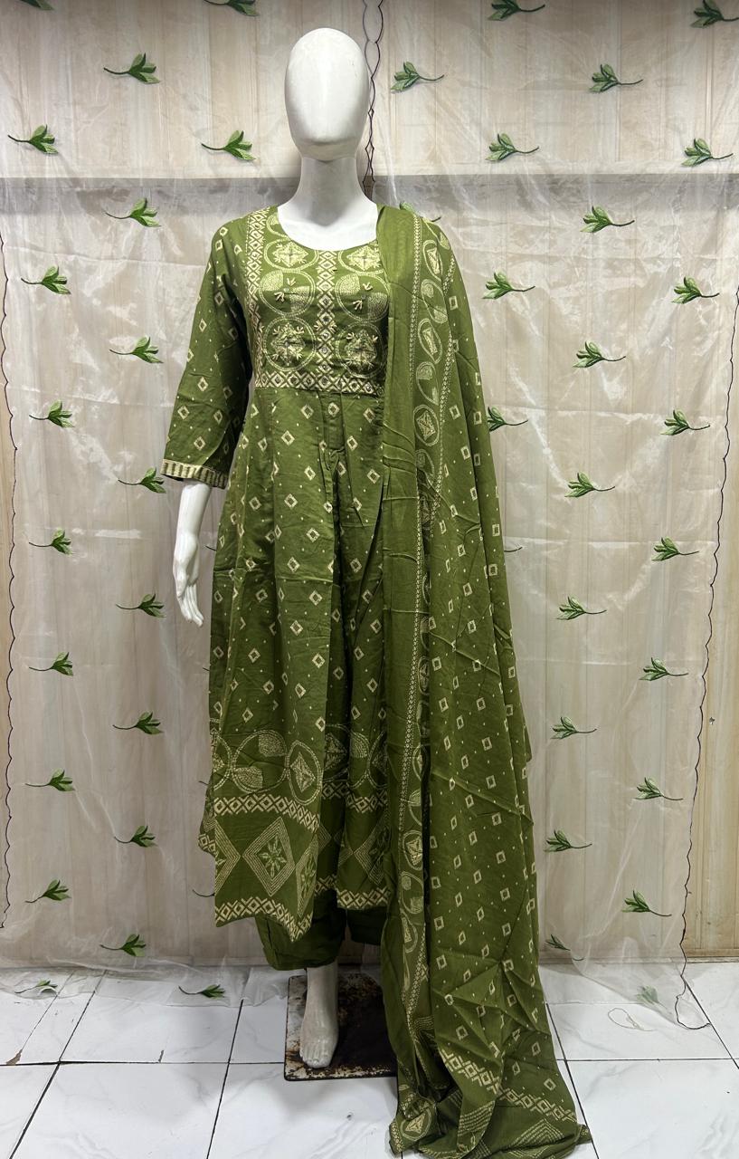 Olive Green Mull Cotton Round Kurti 3-Piece Set with Pant & Dupatta