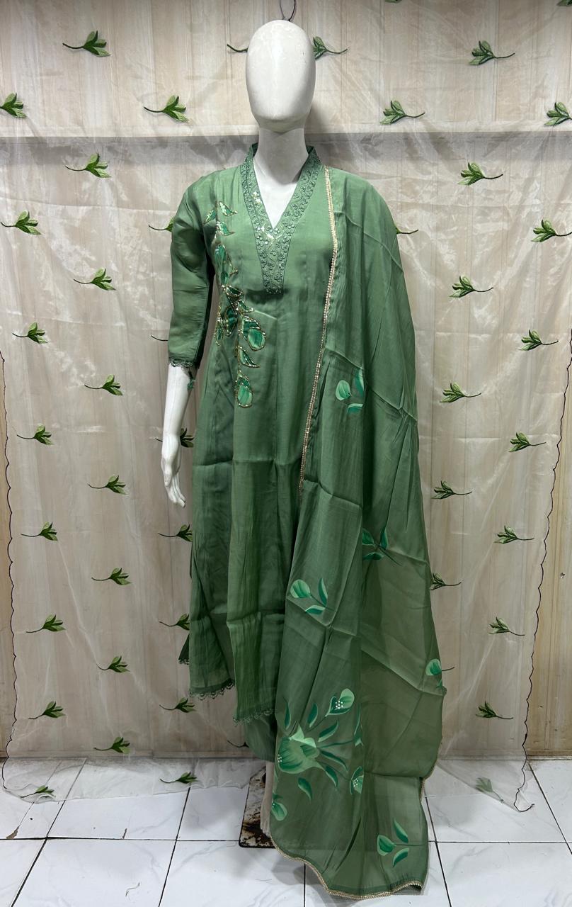 Green Mull Cotton A-Line Kurti 3-Piece Set with Pant & Dupatta