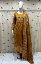 Mustard Mull Cotton A-Line Kurti 3-Piece Set with Pant & Dupatta