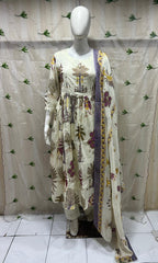 Ivory Mull Cotton Round Kurti 3-Piece Set with Pant & Dupatta