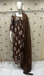 Chocolate Brown Mull Cotton Round Kurti 3-Piece Set with Pant & Dupatta