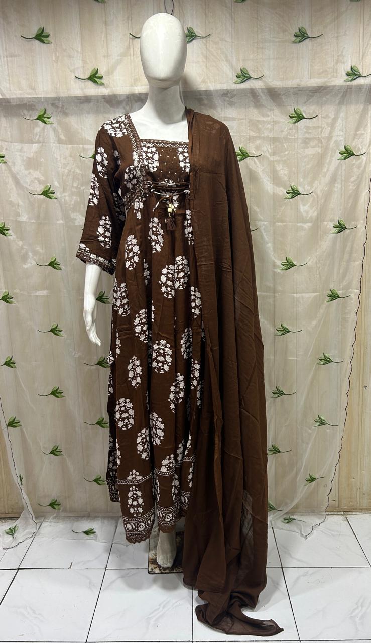 Chocolate Brown Mull Cotton Round Kurti 3-Piece Set with Pant & Dupatta
