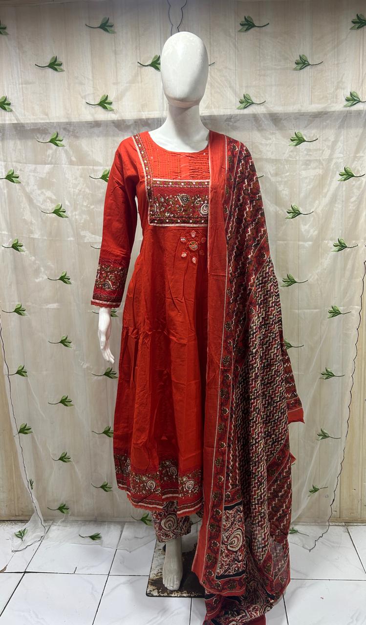 Red Mull Cotton Straight Kurti 3-Piece Set with Pant & Dupatta