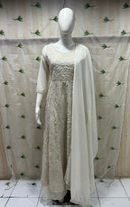 Ivory Mull Cotton A-Line 3-Piece Set with Pant & Dupatta