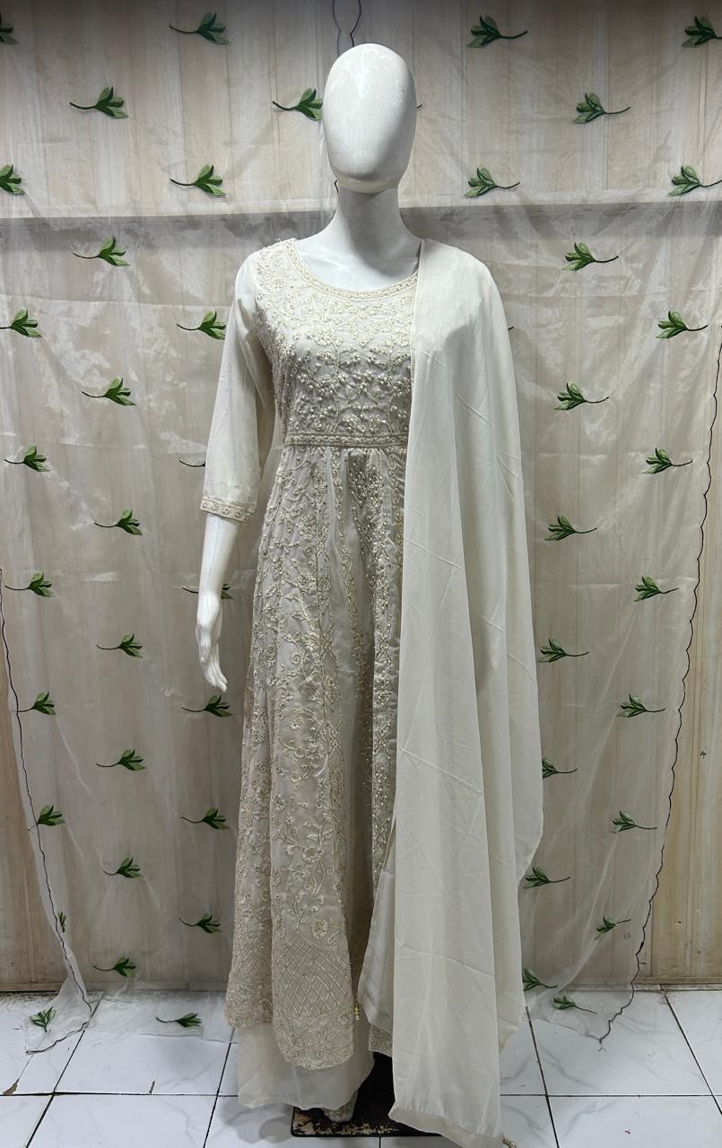 Ivory Mull Cotton A-Line 3-Piece Set with Pant & Dupatta
