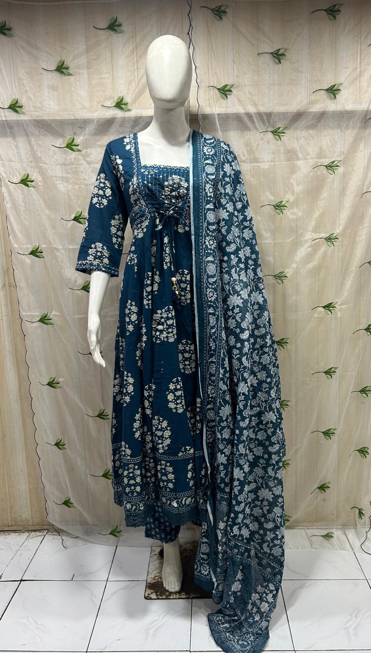 Navy Blue Mull Cotton Round Kurti 3-Piece Set with Pant & Dupatta
