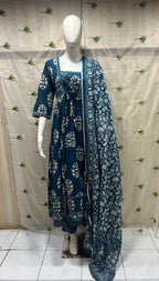 Navy Blue Mull Cotton Round Kurti 3-Piece Set with Pant & Dupatta