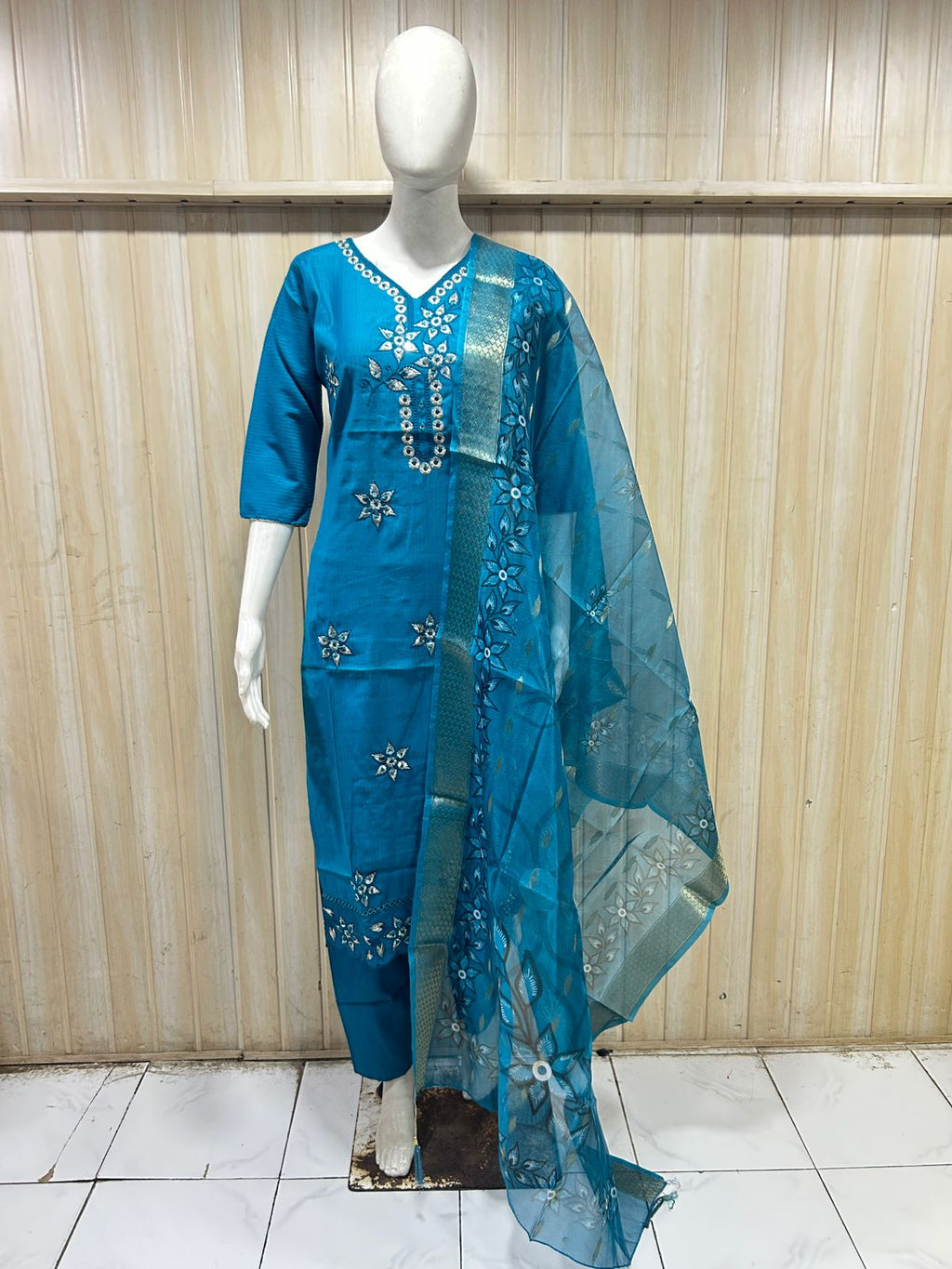Teal Blue Tussar Silk Straight Kurti 3-Piece Set with Pant & Dupatta