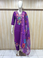 Purple Tussar Silk Straight Kurti 3-Piece Set with Pant & Dupatta