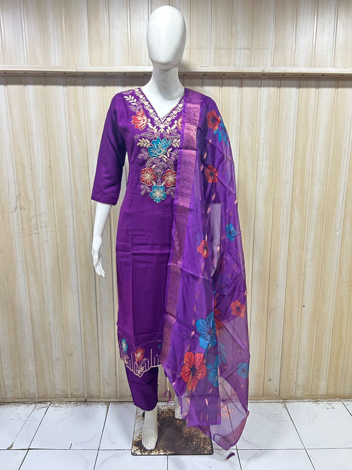 Purple Tussar Silk Straight Kurti 3-Piece Set with Pant & Dupatta