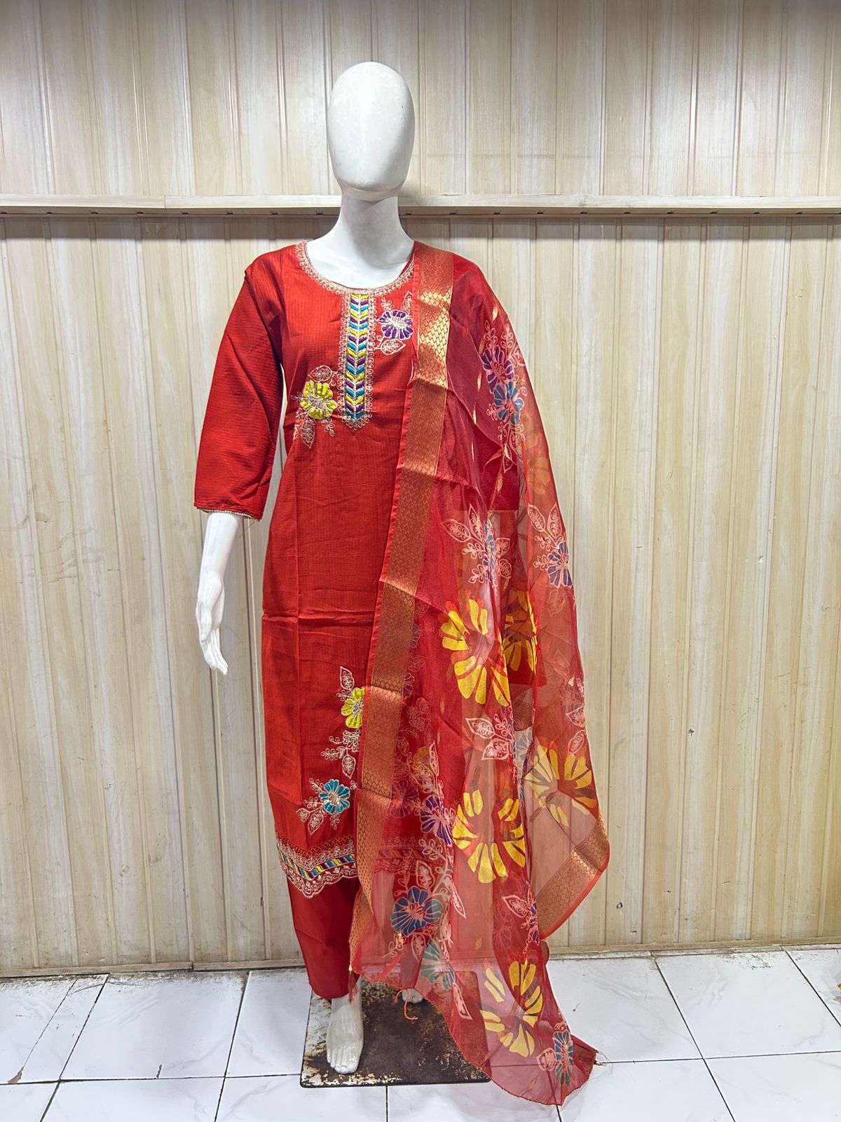 Red Tussar Silk Straight Kurti 3-Piece Set with Pant & Dupatta
