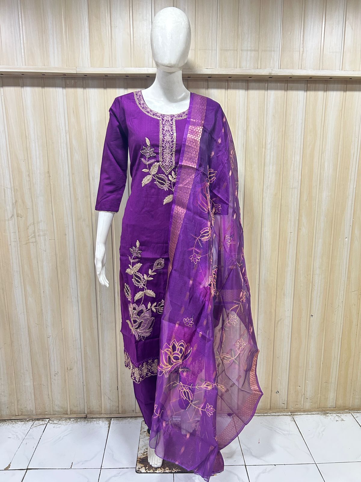 Purple Tussar Silk Straight Kurti 3-Piece Set with Pant & Dupatta