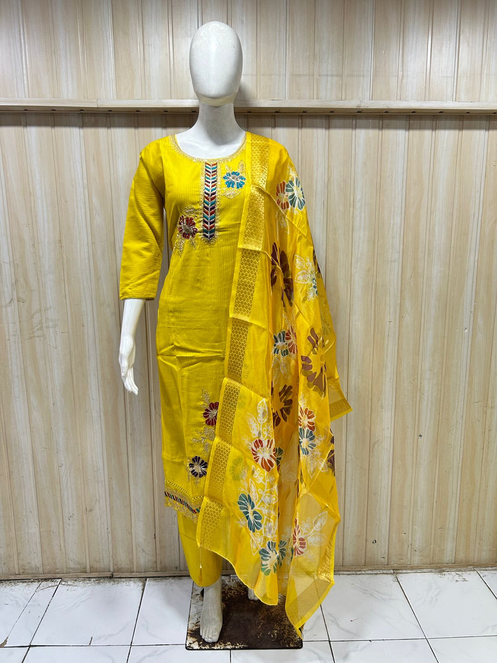 Mustard Yellow Tussar Silk Straight Kurti 3-Piece Set with Pant & Dupatta