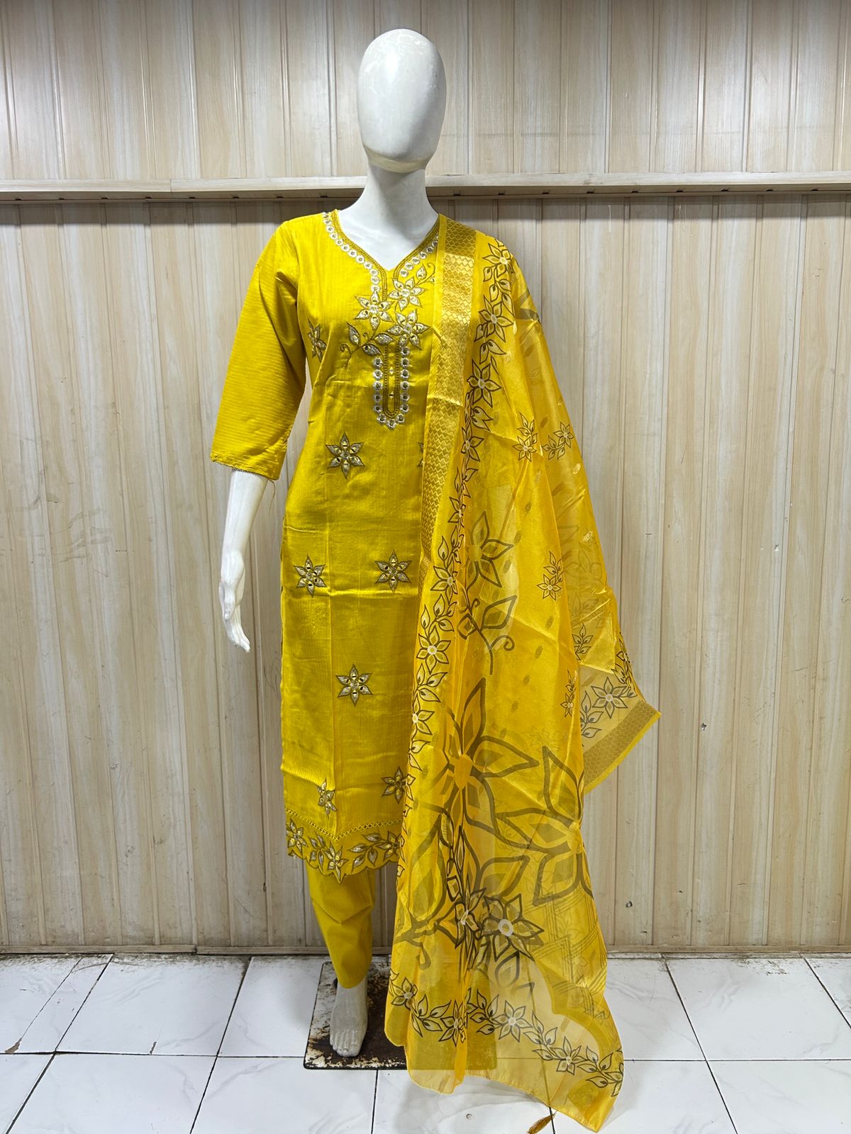 Mustard Yellow Tussar Silk Straight Kurti 3-Piece Set with Pant & Dupatta