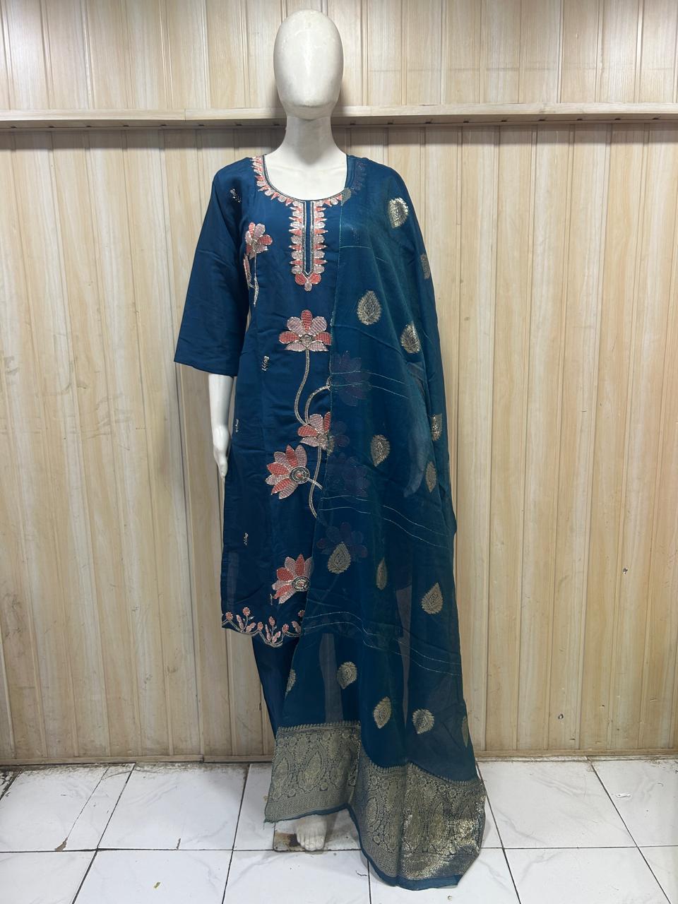 Navy Blue Roman Silk Embroidered 3-Piece Ethnic Suit