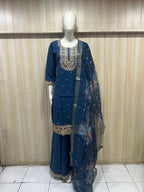 Navy Blue Roman Silk Embroidered 3-Piece Ethnic Suit