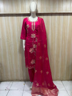 Magenta Pink Roman Silk Embroidered 3-Piece Ethnic Suit