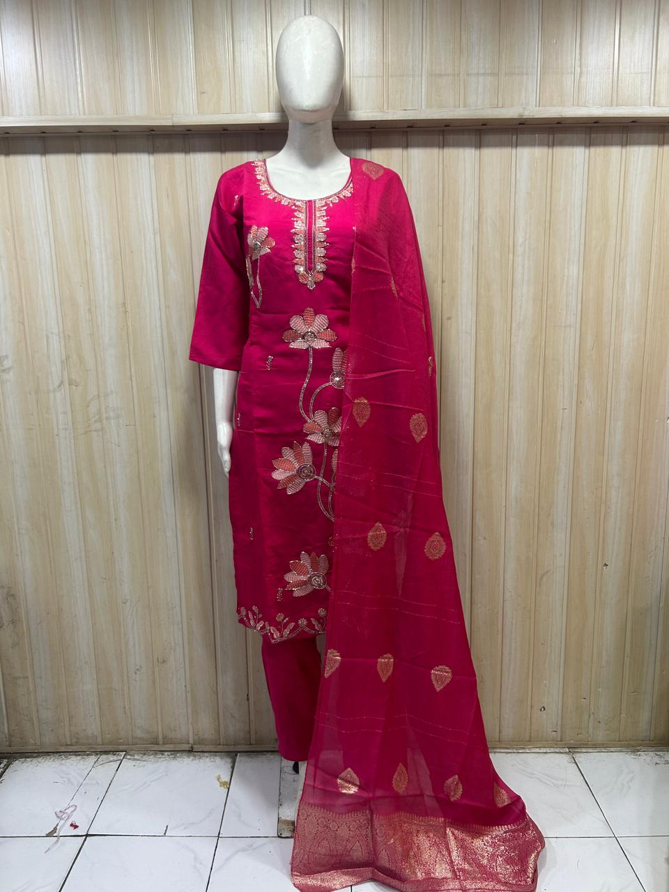 Magenta Pink Roman Silk Embroidered 3-Piece Ethnic Suit
