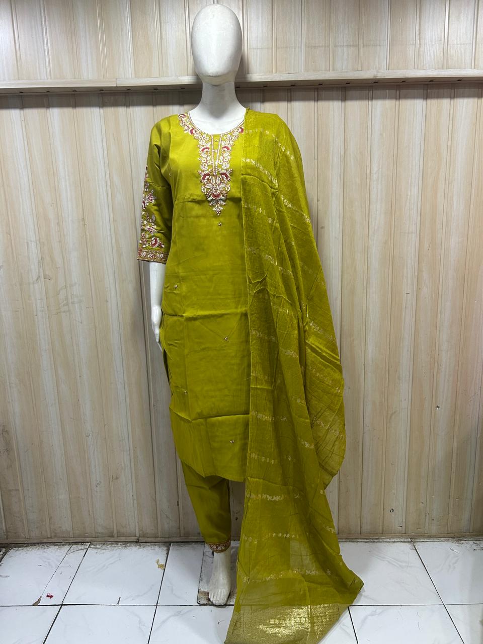 Olive Green Roman Silk Embroidered 3-Piece Ethnic Suit